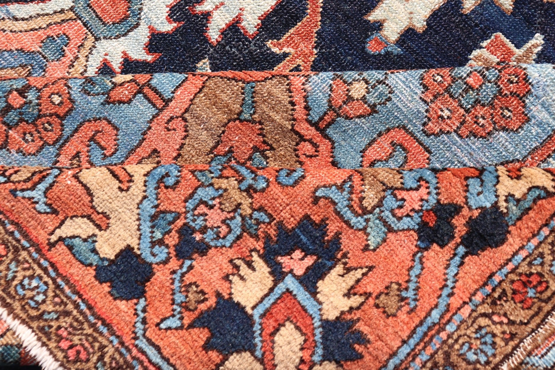 Antique Persian Serapi - Heriz Rug with Geometrics Design in Midnight Blue, light blue, terracotta Measures: 7'3 x 11'0 Antique Persian Heriz Rug with Sub - Geometric Layered Medallion Design and Geometric border. Keivan Woven Arts / rug X23... - Keivan Woven ArtsX23 - 0108 - 23456Rug
