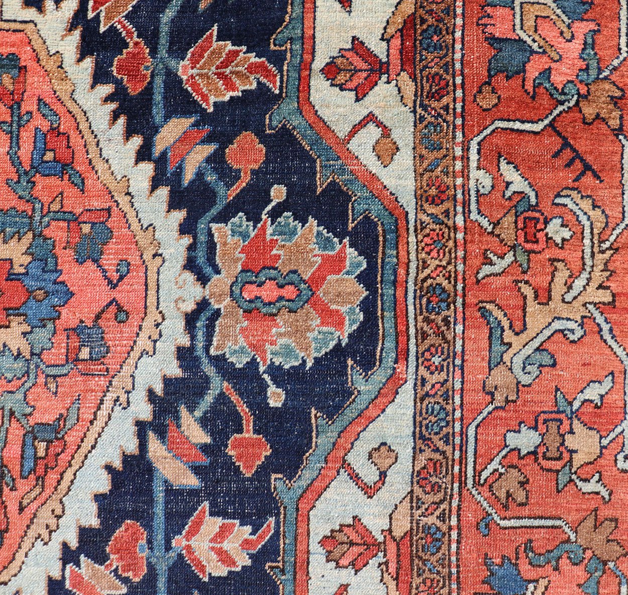 Antique Persian Serapi - Heriz Rug with Geometrics Design in Midnight Blue, light blue, terracotta Measures: 7'3 x 11'0 Antique Persian Heriz Rug with Sub - Geometric Layered Medallion Design and Geometric border. Keivan Woven Arts / rug X23... - Keivan Woven ArtsX23 - 0108 - 23456