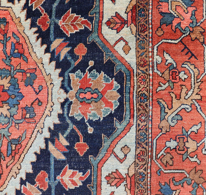 Antique Persian Serapi - Heriz Rug with Geometrics Design in Midnight Blue, light blue, terracotta Measures: 7'3 x 11'0 Antique Persian Heriz Rug with Sub - Geometric Layered Medallion Design and Geometric border. Keivan Woven Arts / rug X23... - Keivan Woven ArtsX23 - 0108 - 23456