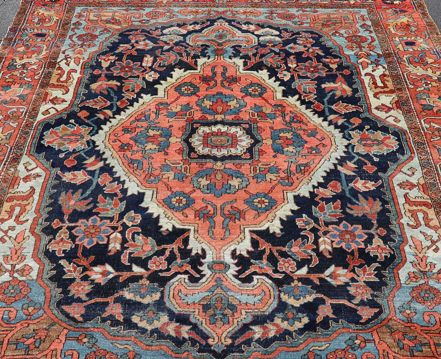 Antique Persian Serapi - Heriz Rug with Geometrics Design in Midnight Blue, light blue, terracotta Measures: 7'3 x 11'0 Antique Persian Heriz Rug with Sub - Geometric Layered Medallion Design and Geometric border. Keivan Woven Arts / rug X23... - Keivan Woven ArtsX23 - 0108 - 23456Rug