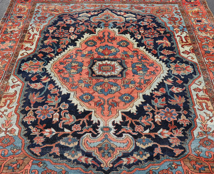 Antique Persian Serapi - Heriz Rug with Geometrics Design in Midnight Blue, light blue, terracotta Measures: 7'3 x 11'0 Antique Persian Heriz Rug with Sub - Geometric Layered Medallion Design and Geometric border. Keivan Woven Arts / rug X23... - Keivan Woven ArtsX23 - 0108 - 23456Rug