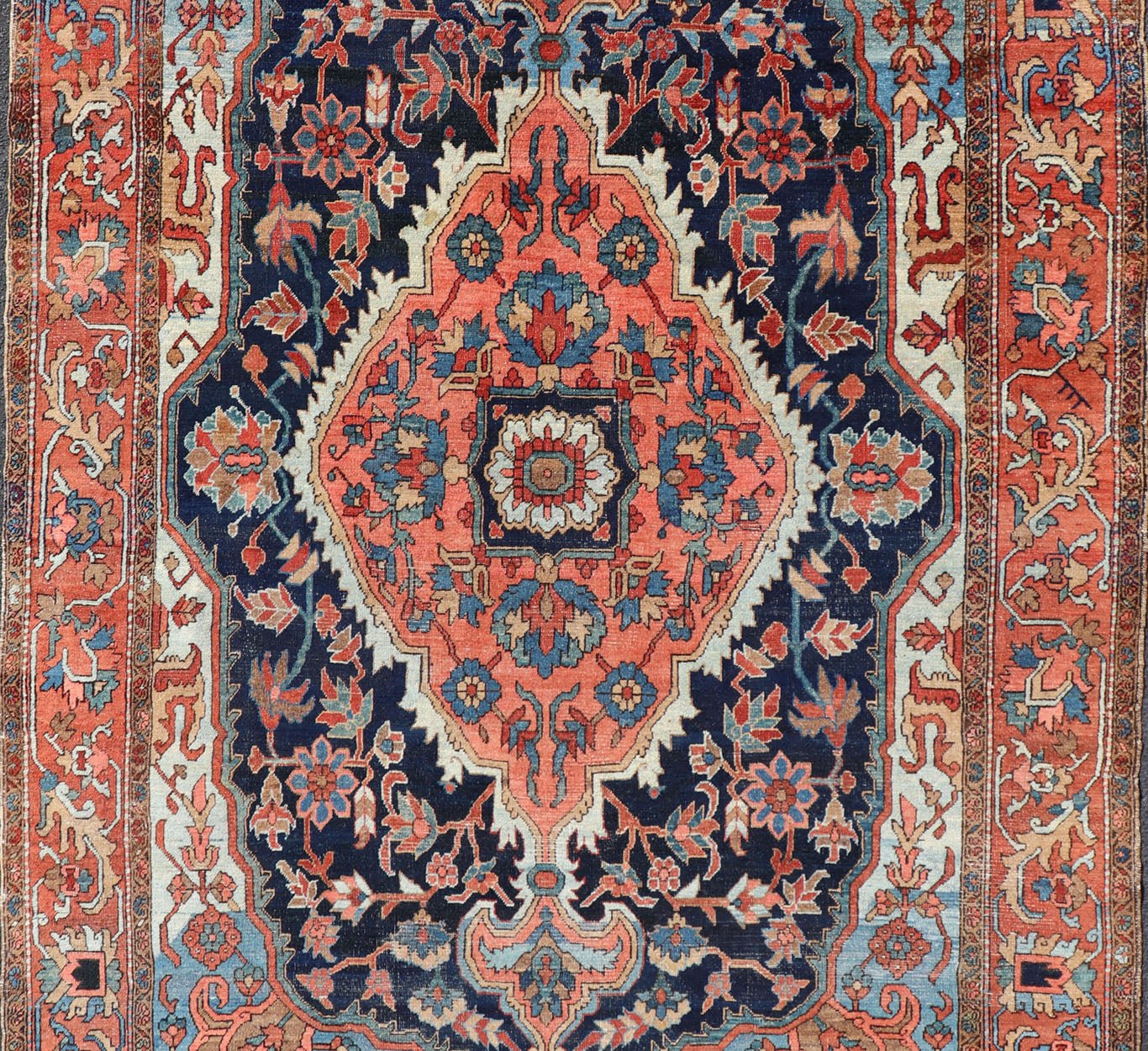 Antique Persian Serapi - Heriz Rug with Geometrics Design in Midnight Blue, light blue, terracotta Measures: 7'3 x 11'0 Antique Persian Heriz Rug with Sub - Geometric Layered Medallion Design and Geometric border. Keivan Woven Arts / rug X23... - Keivan Woven ArtsX23 - 0108 - 23456