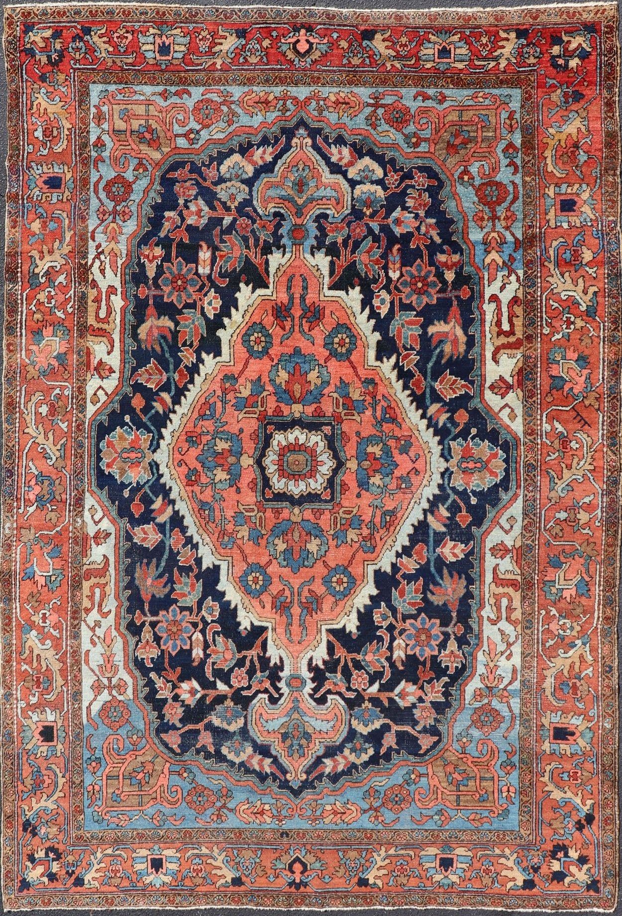 Antique Persian Serapi - Heriz Rug with Geometrics Design in Midnight Blue, light blue, terracotta Measures: 7'3 x 11'0 Antique Persian Heriz Rug with Sub - Geometric Layered Medallion Design and Geometric border. Keivan Woven Arts / rug X23... - Keivan Woven ArtsX23 - 0108 - 23456Rug