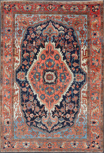 Antique Persian Serapi - Heriz Rug with Geometrics Design in Midnight Blue, light blue, terracotta Measures: 7'3 x 11'0 Antique Persian Heriz Rug with Sub - Geometric Layered Medallion Design and Geometric border. Keivan Woven Arts / rug X23... - Keivan Woven ArtsX23 - 0108 - 23456Rug