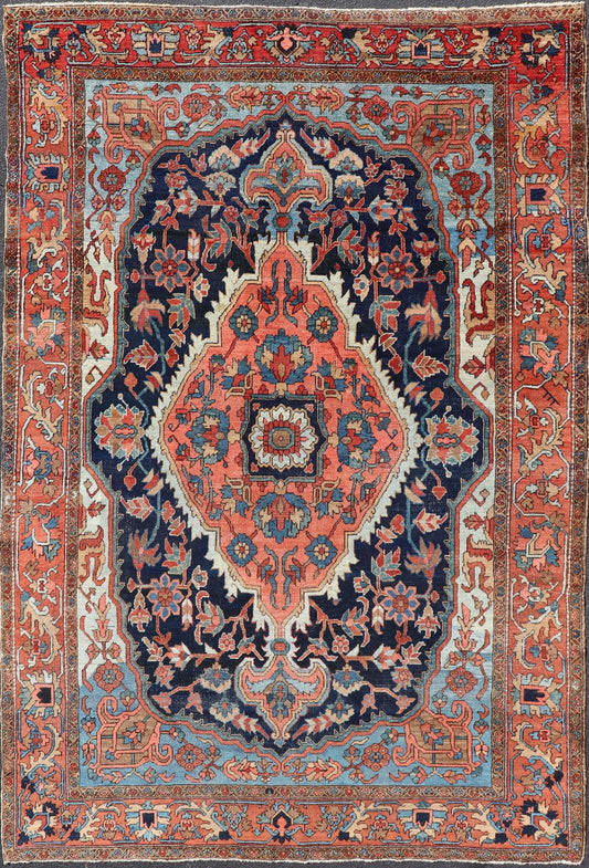 Antique Persian Serapi - Heriz Rug with Geometrics Design in Midnight Blue, light blue, terracotta Measures: 7'3 x 11'0 Antique Persian Heriz Rug with Sub - Geometric Layered Medallion Design and Geometric border. Keivan Woven Arts / rug X23... - Keivan Woven ArtsX23 - 0108 - 23456Rug
