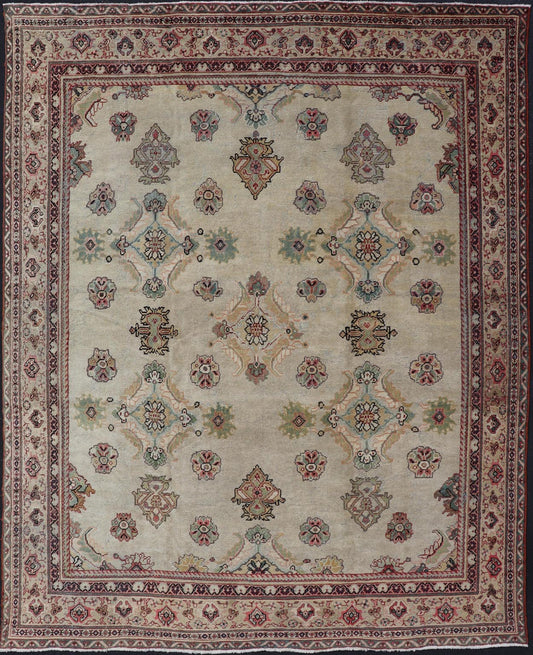 Ivory Background Antique Persian Sultanabad - Mahal Rug with Sub - Geometric Design. Antique Persian Sultanabad - Mahal Rug. Keivan Woven Arts / rug/ X23 - 0202, country of origin / type: Persian / Sultanabad, circa Early - 20th Century. Measures:... - Keivan Woven ArtsX23 - 0202 - 21687