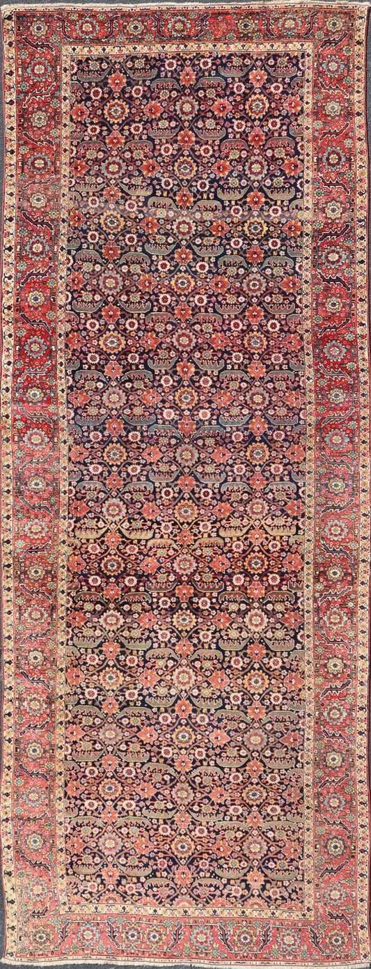 1850 Antique Persian Joshegan Large Gallery Rug in Blue Background, soft Red Border. Measures: 7'4 x 19'0 From the estate of Jack Welch, the American Executive, this circa 1850, mid 19th century, antique Joshegan long gallery rug displ... - Keivan Woven ArtsX23 - 0203 - 23462