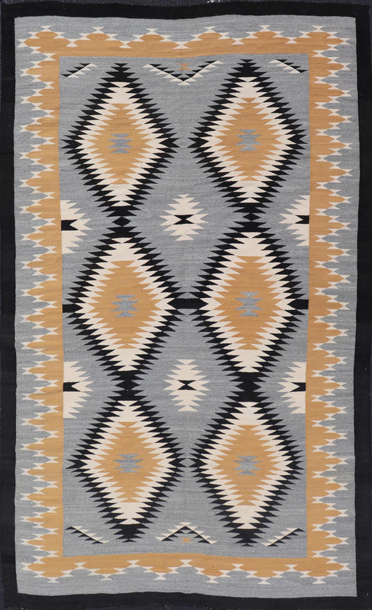 Unusually oversized vintage Navajo commissioned piece and made by Rena Whitewater, 20th century. set on gray background, this beautiful large Navajo displays two parallel rows of three diamonds in yellow, white, stacked diamonds from priv... - Keivan Woven ArtsX23 - 0301 - 23516Rug