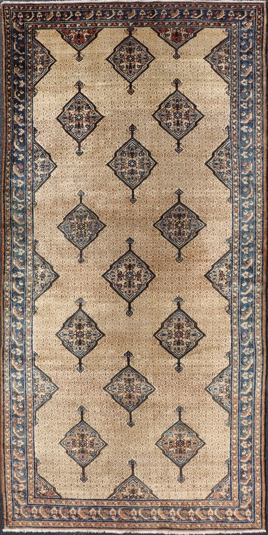 Antique Persian Serab Gallery with Tribal Geometric Design in Camel, Green, Blue. rug X23 - 0302 - 371; Keivan Woven Arts, country of origin / type: Persian / Sarab, circa 1900. Measures: 5'6 x 11'10 This beautiful antique Persian Serab runner rests... - Keivan Woven ArtsX23 - 0302 - 371 - 24217