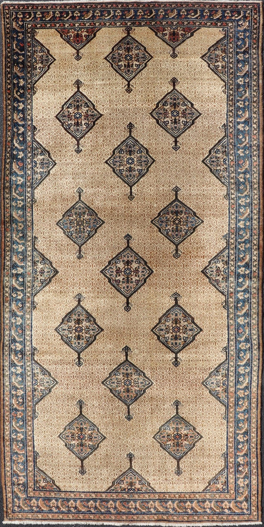 Antique Persian Serab Gallery with Tribal Geometric Design in Camel, Green, Blue. rug X23 - 0302 - 371; Keivan Woven Arts, country of origin / type: Persian / Sarab, circa 1900. Measures: 5'6 x 11'10 This beautiful antique Persian Serab runner rests... - Keivan Woven ArtsX23 - 0302 - 371 - 24217Rug