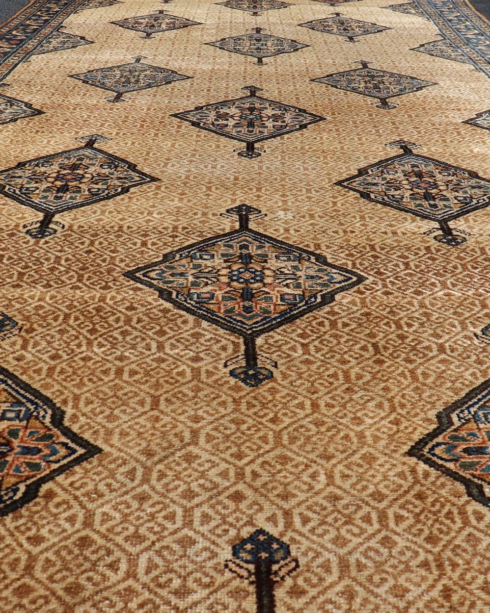 Antique Persian Serab Gallery with Tribal Geometric Design in Camel, Green, Blue. rug X23 - 0302 - 371; Keivan Woven Arts, country of origin / type: Persian / Sarab, circa 1900. Measures: 5'6 x 11'10 This beautiful antique Persian Serab runner rests... - Keivan Woven ArtsX23 - 0302 - 371 - 24217Rug