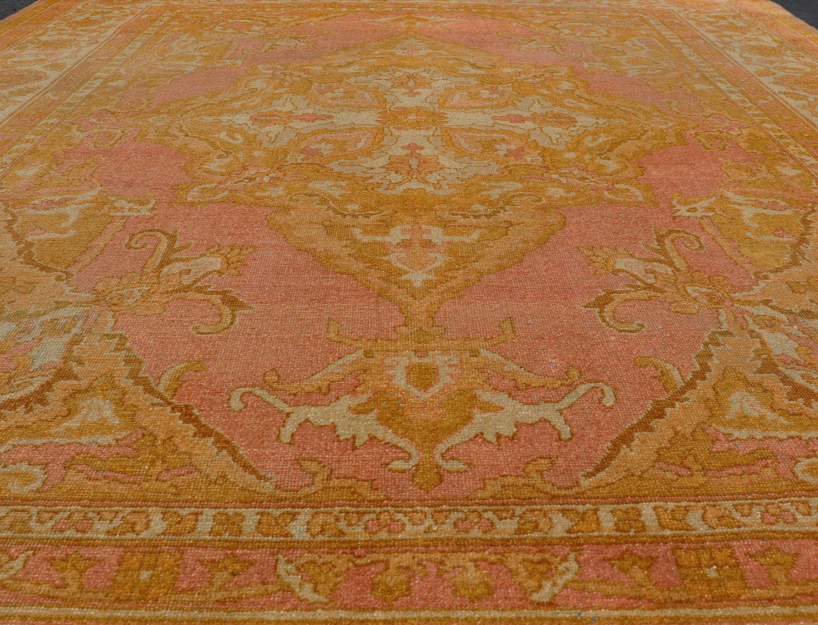 Antique Indian Amritsar Rug in Acidic Yellow, Pink and Ivory With Medallion. Keivan Woven Arts rug / X23 - 0303 - 362 / 1920 circa / Antique Amritsar, Antique Agra. Measures: 8'1 x 9'10 The pink, yellow, and ivory hues of this antique Indian Amritsa... - Keivan Woven ArtsX23 - 0303 - 362 - 23530