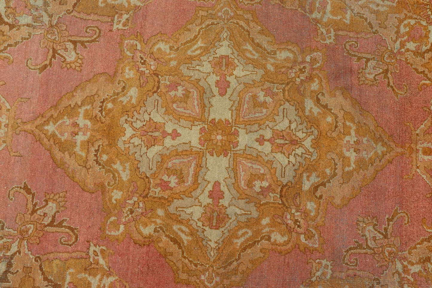 Antique Indian Amritsar Rug in Acidic Yellow, Pink and Ivory With Medallion. Keivan Woven Arts rug / X23 - 0303 - 362 / 1920 circa / Antique Amritsar, Antique Agra. Measures: 8'1 x 9'10 The pink, yellow, and ivory hues of this antique Indian Amritsa... - Keivan Woven ArtsX23 - 0303 - 362 - 23530