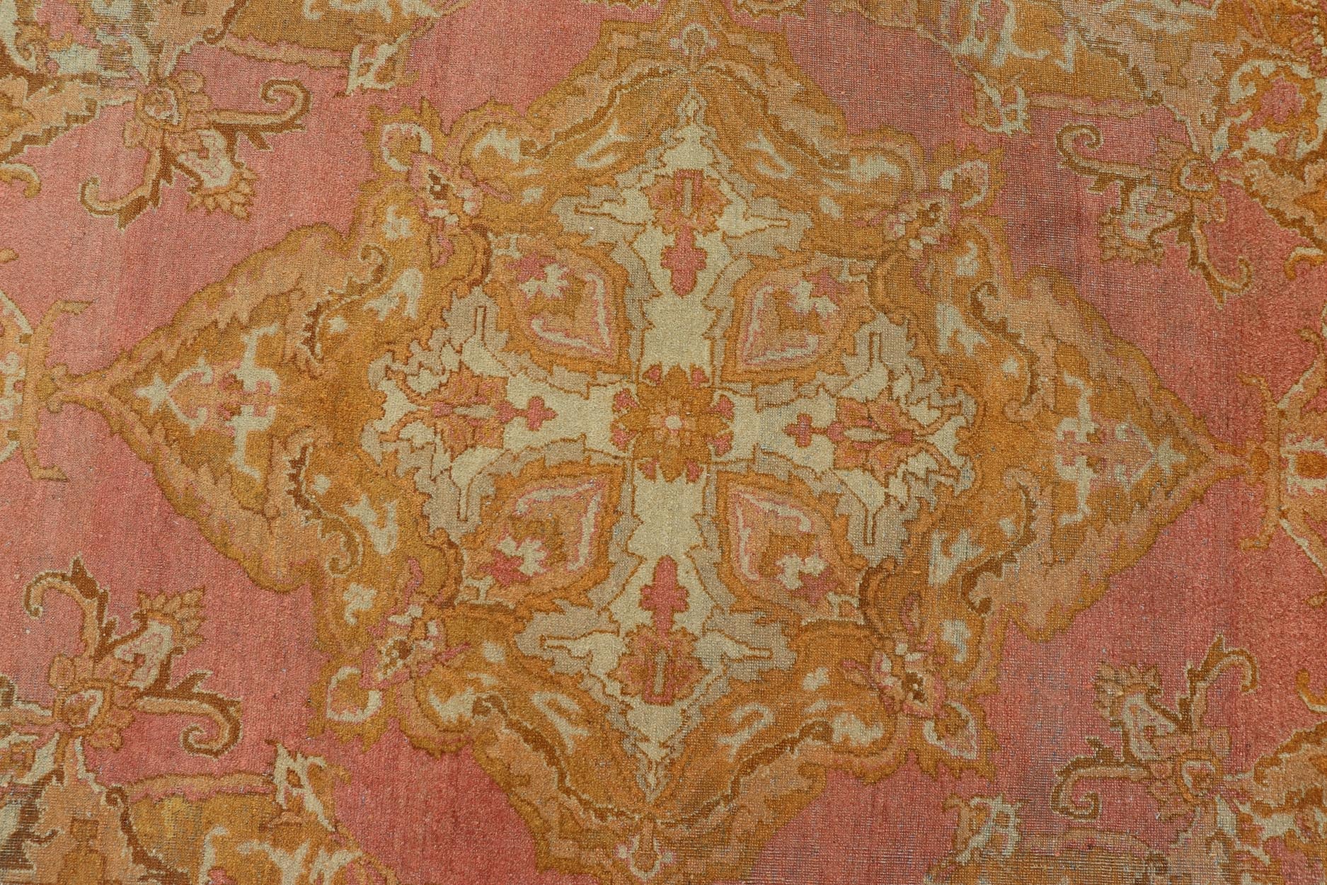 Antique Indian Amritsar Rug in Acidic Yellow, Pink and Ivory With Medallion. Keivan Woven Arts rug / X23 - 0303 - 362 / 1920 circa / Antique Amritsar, Antique Agra. Measures: 8'1 x 9'10 The pink, yellow, and ivory hues of this antique Indian Amritsa... - Keivan Woven ArtsX23 - 0303 - 362 - 23530