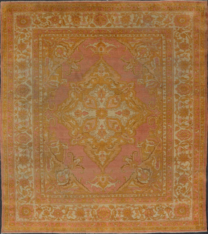 Antique Indian Amritsar Rug in Acidic Yellow, Pink and Ivory With Medallion. Keivan Woven Arts rug / X23 - 0303 - 362 / 1920 circa / Antique Amritsar, Antique Agra. Measures: 8'1 x 9'10 The pink, yellow, and ivory hues of this antique Indian Amritsa... - Keivan Woven ArtsX23 - 0303 - 362 - 23530