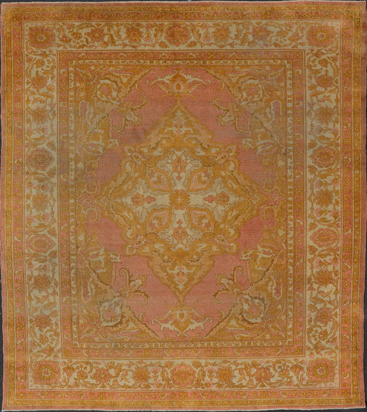 Antique Indian Amritsar Rug in Acidic Yellow, Pink and Ivory With Medallion. Keivan Woven Arts rug / X23 - 0303 - 362 / 1920 circa / Antique Amritsar, Antique Agra. Measures: 8'1 x 9'10 The pink, yellow, and ivory hues of this antique Indian Amritsa... - Keivan Woven ArtsX23 - 0303 - 362 - 23530