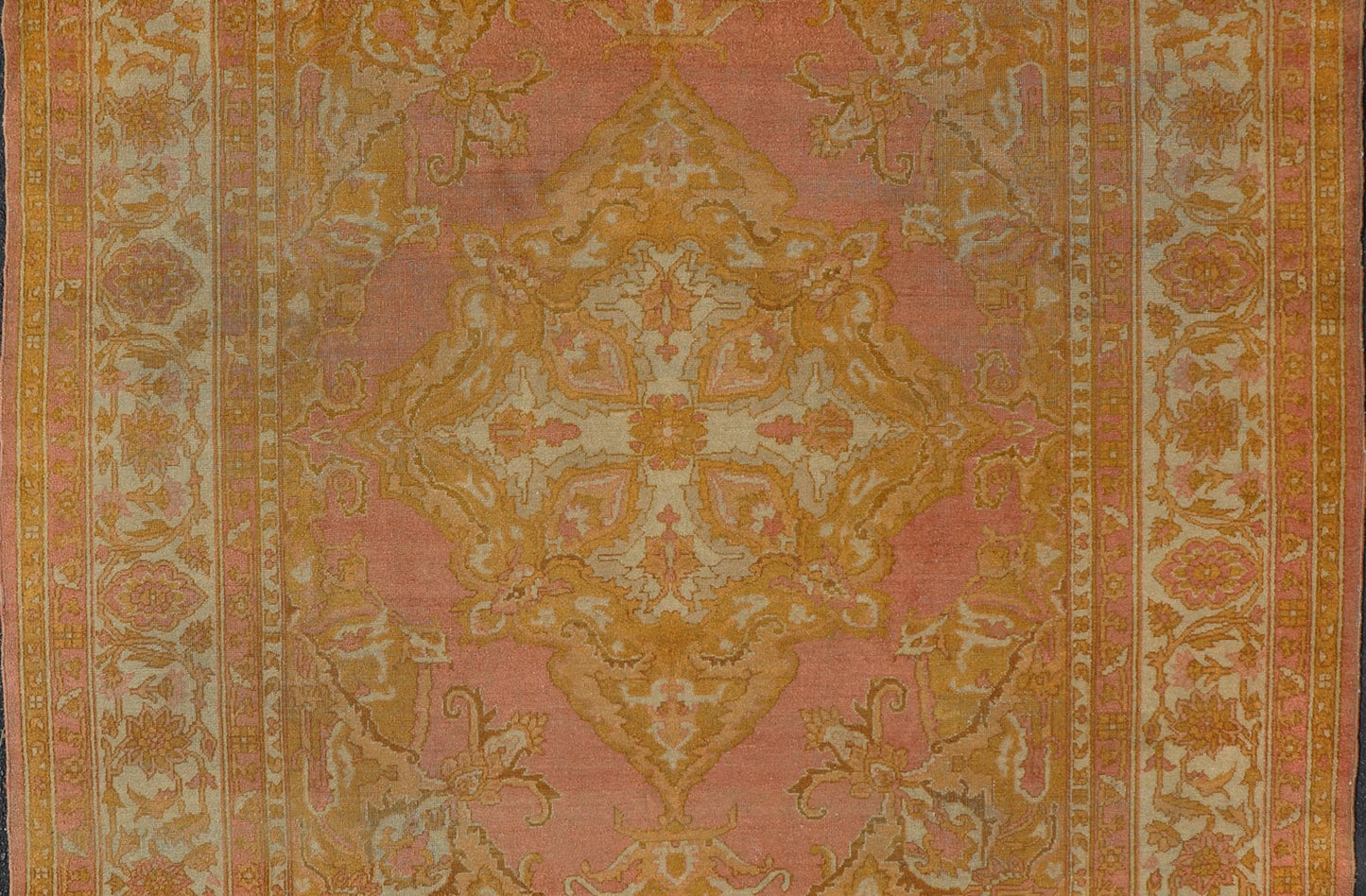 Antique Indian Amritsar Rug in Acidic Yellow, Pink and Ivory With Medallion. Keivan Woven Arts rug / X23 - 0303 - 362 / 1920 circa / Antique Amritsar, Antique Agra. Measures: 8'1 x 9'10 The pink, yellow, and ivory hues of this antique Indian Amritsa... - Keivan Woven ArtsX23 - 0303 - 362 - 23530