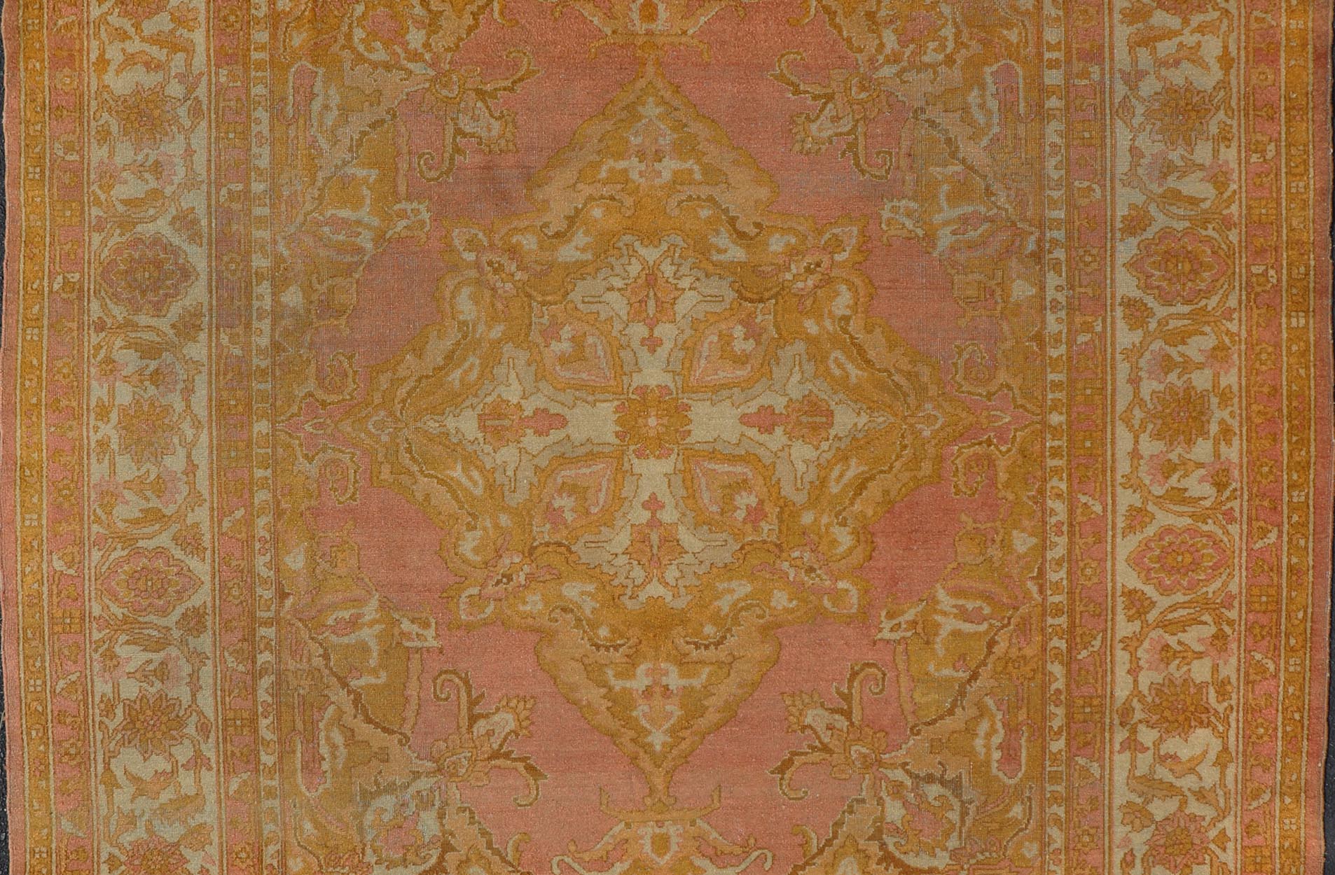 Antique Indian Amritsar Rug in Acidic Yellow, Pink and Ivory With Medallion. Keivan Woven Arts rug / X23 - 0303 - 362 / 1920 circa / Antique Amritsar, Antique Agra. Measures: 8'1 x 9'10 The pink, yellow, and ivory hues of this antique Indian Amritsa... - Keivan Woven ArtsX23 - 0303 - 362 - 23530