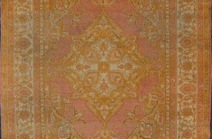 Antique Indian Amritsar Rug in Acidic Yellow, Pink and Ivory With Medallion. Keivan Woven Arts rug / X23 - 0303 - 362 / 1920 circa / Antique Amritsar, Antique Agra. Measures: 8'1 x 9'10 The pink, yellow, and ivory hues of this antique Indian Amritsa... - Keivan Woven ArtsX23 - 0303 - 362 - 23530