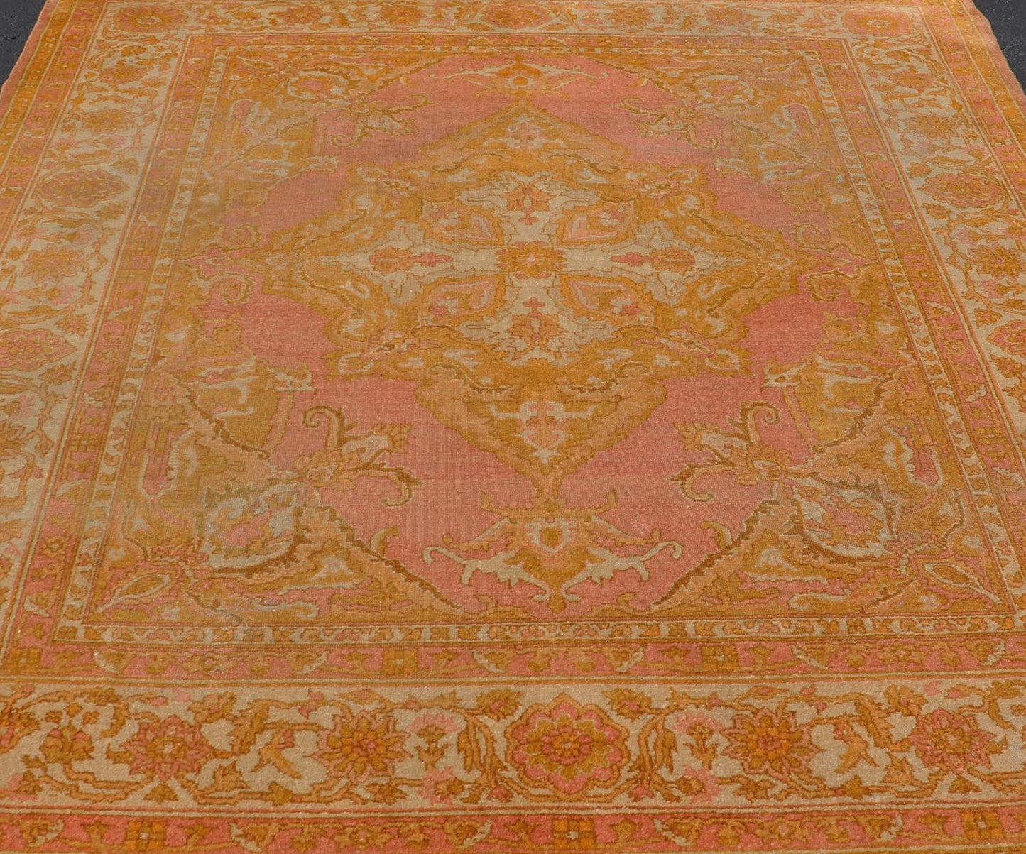 Antique Indian Amritsar Rug in Acidic Yellow, Pink and Ivory With Medallion. Keivan Woven Arts rug / X23 - 0303 - 362 / 1920 circa / Antique Amritsar, Antique Agra. Measures: 8'1 x 9'10 The pink, yellow, and ivory hues of this antique Indian Amritsa... - Keivan Woven ArtsX23 - 0303 - 362 - 23530