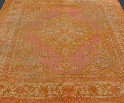 Antique Indian Amritsar Rug in Acidic Yellow, Pink and Ivory With Medallion. Keivan Woven Arts rug / X23 - 0303 - 362 / 1920 circa / Antique Amritsar, Antique Agra. Measures: 8'1 x 9'10 The pink, yellow, and ivory hues of this antique Indian Amritsa... - Keivan Woven ArtsX23 - 0303 - 362 - 23530
