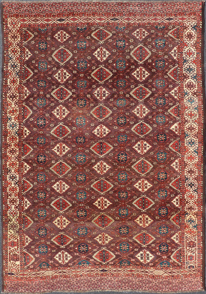 Early 19th century Chodor main carpet from Turkmenistan Antique Turkomen Rug in Wool with Repeating Gul Design in Brown, Blue, and Red. Keivan Woven Arts; rug X23 - 0306 - 201, country of origin / type: Turkestan / Turkomen circa 1820s. Measure... - Keivan Woven ArtsX23 - 0306 - 201 - 23547Rug