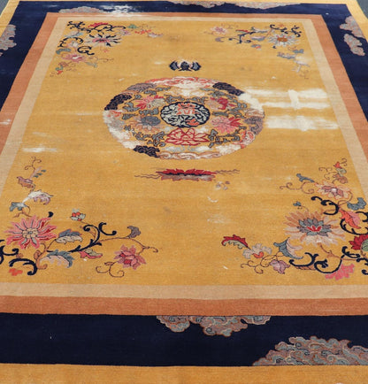 Mid 19th century Chinese Medallion Rug in Saffron Yellow, Navy Blue and Multi Colors Mid 19th century antique Chinese Medallion Rug. Keivan Woven Arts / rug /TU - UGU - 3605, country of origin / type: Turkey / Oushak, circa 1850's Measures: ... - Keivan Woven ArtsX23 - 0312 - 24408Rug