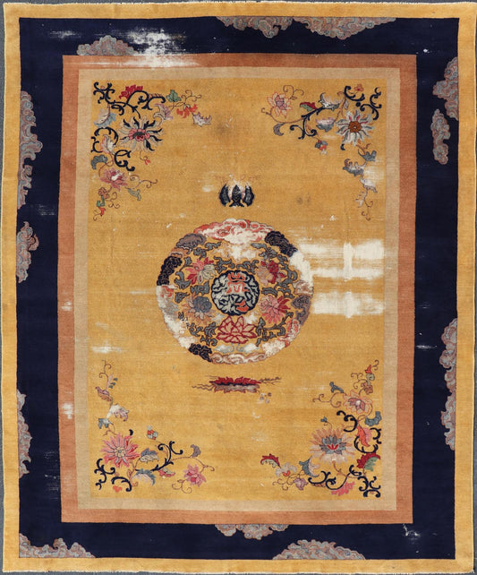 Mid 19th century Chinese Medallion Rug in Saffron Yellow, Navy Blue and Multi Colors Mid 19th century antique Chinese Medallion Rug. Keivan Woven Arts / rug /TU - UGU - 3605, country of origin / type: Turkey / Oushak, circa 1850's Measures: ... - Keivan Woven ArtsX23 - 0312 - 24408Rug