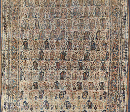 Antique Faraghan Persian Rug in Cream Color Background With Paisley's With Blue. Keivan Woven Arts / Rug / X23 - 0401 - 154, Faraghan Antique Faraghan, Antique Sarouk. Measures: 8'6 x 13'3 This exquisite antique Faraghan fine Persian rug displays a ... - Keivan Woven ArtsX23 - 0401 - 154 - 24259Rug