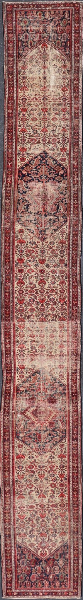 Antique Persian Long Hamedan Runner With Medallions in Ivory and Maroon. Keivan Woven Arts / rug X23 - 0402 - 180, country of origin / type: Iran / Hamadan, circa 1910 Measures: 3'5 x 26'4 This antique Persian hamadan runner, from western Persia, or... - Keivan Woven ArtsX23 - 0402 - 180 - 24265Rug