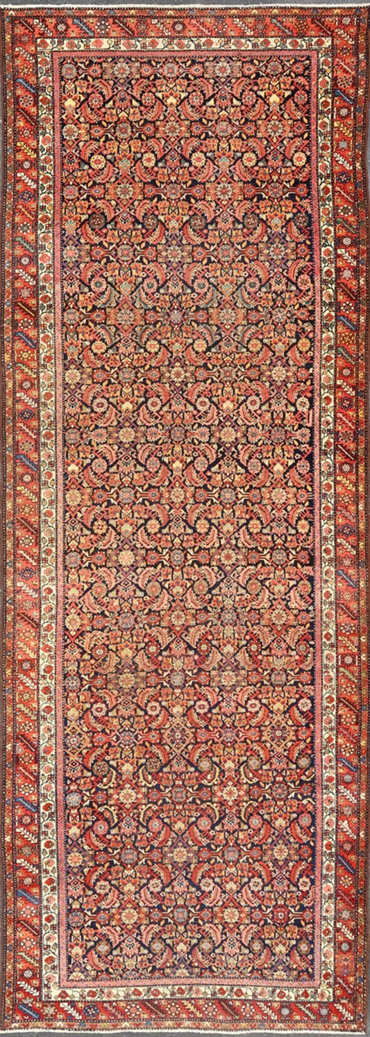 Antique Persian Gallery Malayer Runner in Blue Background and Multi Colors. Keivan Woven Arts / rug X23 - 0403, country of origin / type: Iran / Malayer, circa 1920 Measures: 5'10 x 16'2 - Keivan Woven ArtsX23 - 0403 - 196 - 24271Rug