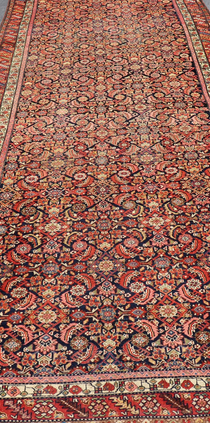 Antique Persian Gallery Malayer Runner in Blue Background and Multi Colors. Keivan Woven Arts / rug X23 - 0403, country of origin / type: Iran / Malayer, circa 1920 Measures: 5'10 x 16'2 - Keivan Woven ArtsX23 - 0403 - 196 - 24271Rug