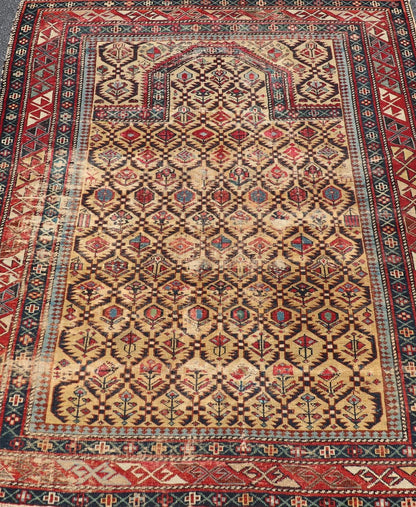Antique Shirvan Prayer Rug with All - Over Floral Design and Geometric Borders. Keivan Woven Arts / rug X23 - 0404 - 251 / early 20th century. Measures: 3'9 x 4'8 This colorful floral - design antique Caucasian Shirvan prayer rug from the late 19th cen... - Keivan Woven ArtsX23 - 0404 - 251 - 24277Rug