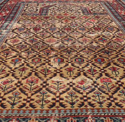 Antique Shirvan Prayer Rug with All - Over Floral Design and Geometric Borders. Keivan Woven Arts / rug X23 - 0404 - 251 / early 20th century. Measures: 3'9 x 4'8 This colorful floral - design antique Caucasian Shirvan prayer rug from the late 19th cen... - Keivan Woven ArtsX23 - 0404 - 251 - 24277Rug