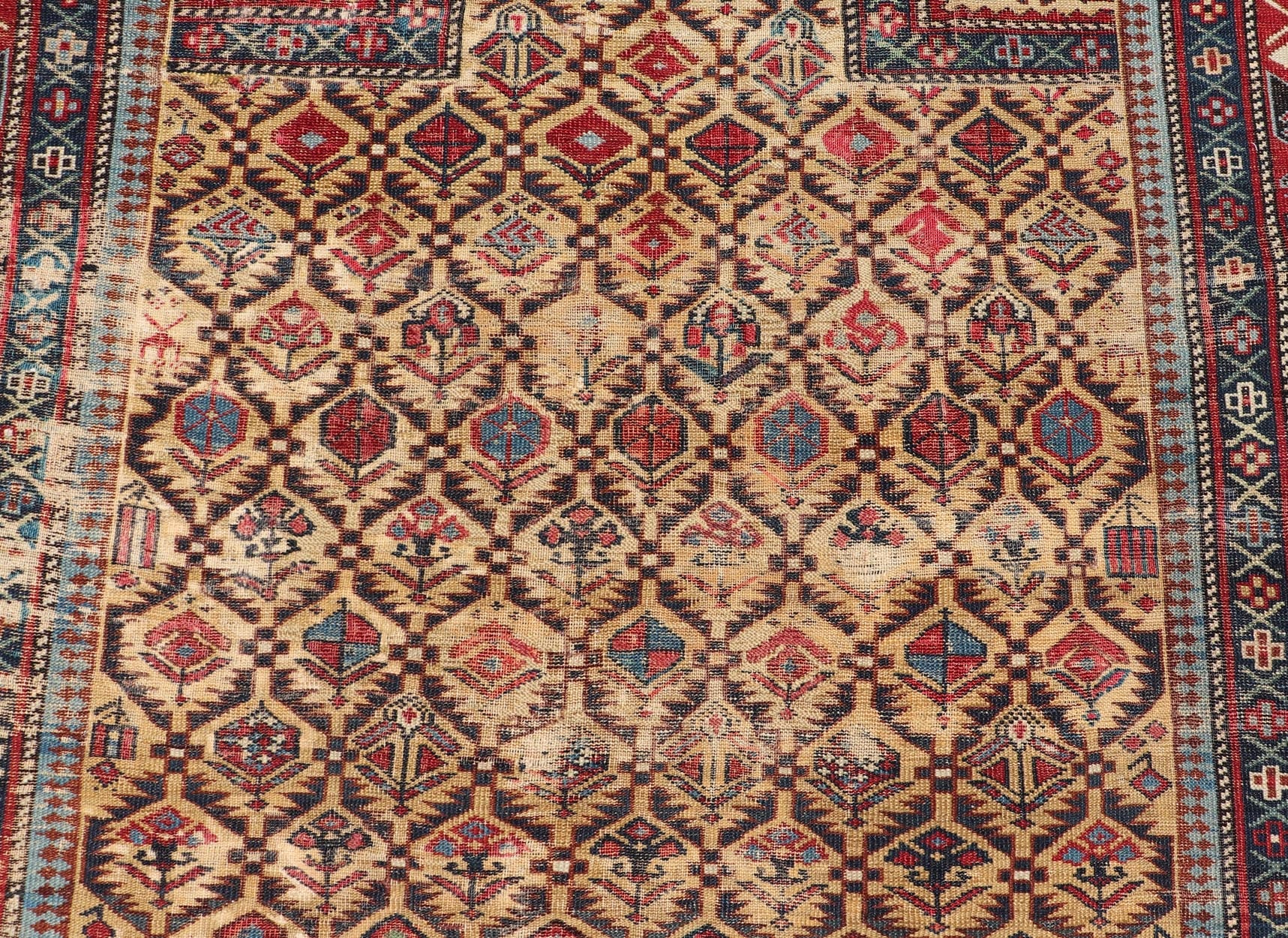 Antique Shirvan Prayer Rug with All - Over Floral Design and Geometric Borders. Keivan Woven Arts / rug X23 - 0404 - 251 / early 20th century. Measures: 3'9 x 4'8 This colorful floral - design antique Caucasian Shirvan prayer rug from the late 19th cen... - Keivan Woven ArtsX23 - 0404 - 251 - 24277Rug