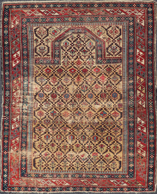 Antique Shirvan Prayer Rug with All - Over Floral Design and Geometric Borders. Keivan Woven Arts / rug X23 - 0404 - 251 / early 20th century. Measures: 3'9 x 4'8 This colorful floral - design antique Caucasian Shirvan prayer rug from the late 19th cen... - Keivan Woven ArtsX23 - 0404 - 251 - 24277Rug