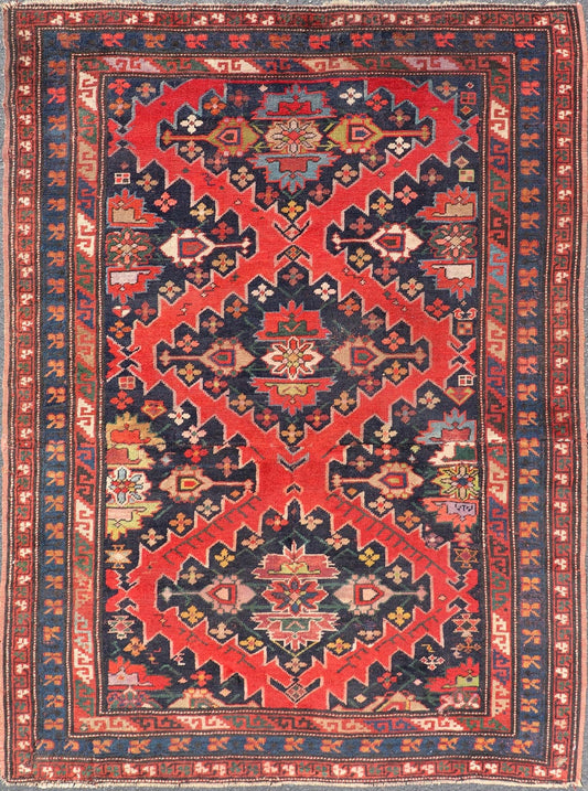 Antique Caucasian Kazak Rug with Sub - Geometric Medallions Design in Red and Blue. Keivan Woven Arts / rug X23 - 0405 - 259, country of origin / type: Caucasus / Kazak, circa Late - 19th Century. Antique Caucasian Kazak Rug with Sub - Geometric Medallions Desig... - Keivan Woven ArtsX23 - 0405 - 259 - 24283Rug