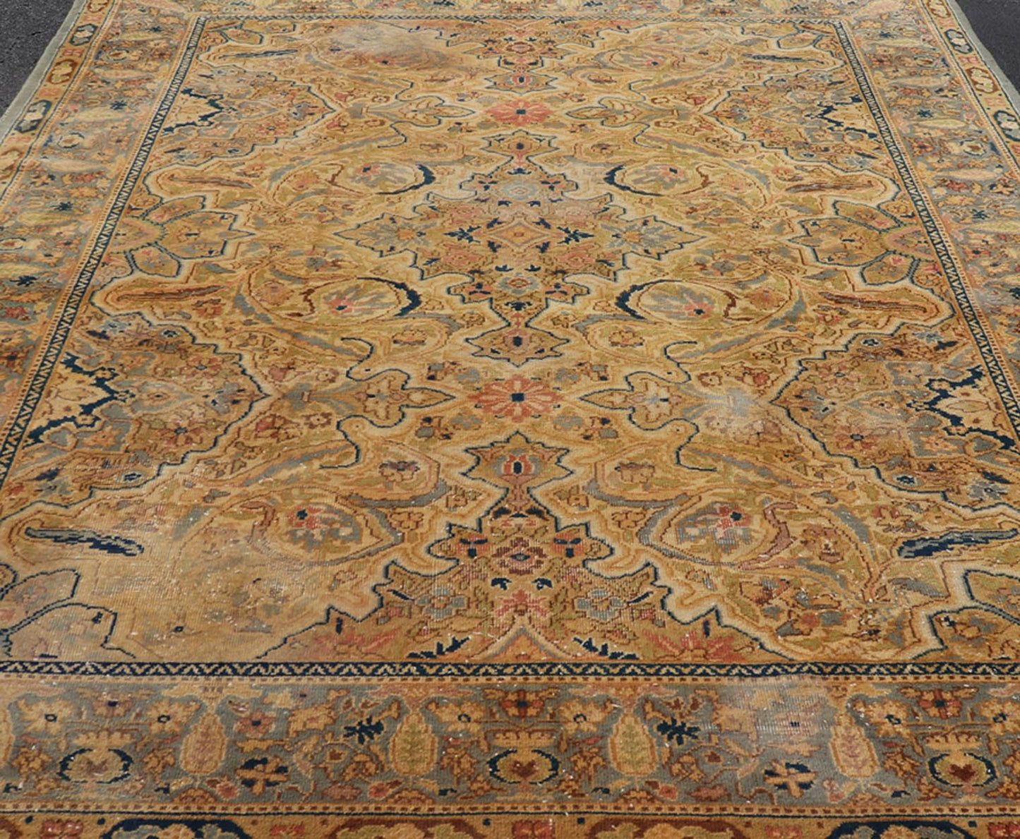 Medallion Vintage Turkish Distressed Rug in Cream, Gray - Blue, Taupe, and Green. Keivan Woven Arts / rug X23 - 0406 - 914, country of origin / type: Turkey / Oushak, circa 1970. Measures: 10'0 x 14'0 This distressed rug Turkish vintage rug bears a li... - Keivan Woven ArtsX23 - 0406 - 914 - 24223Rug