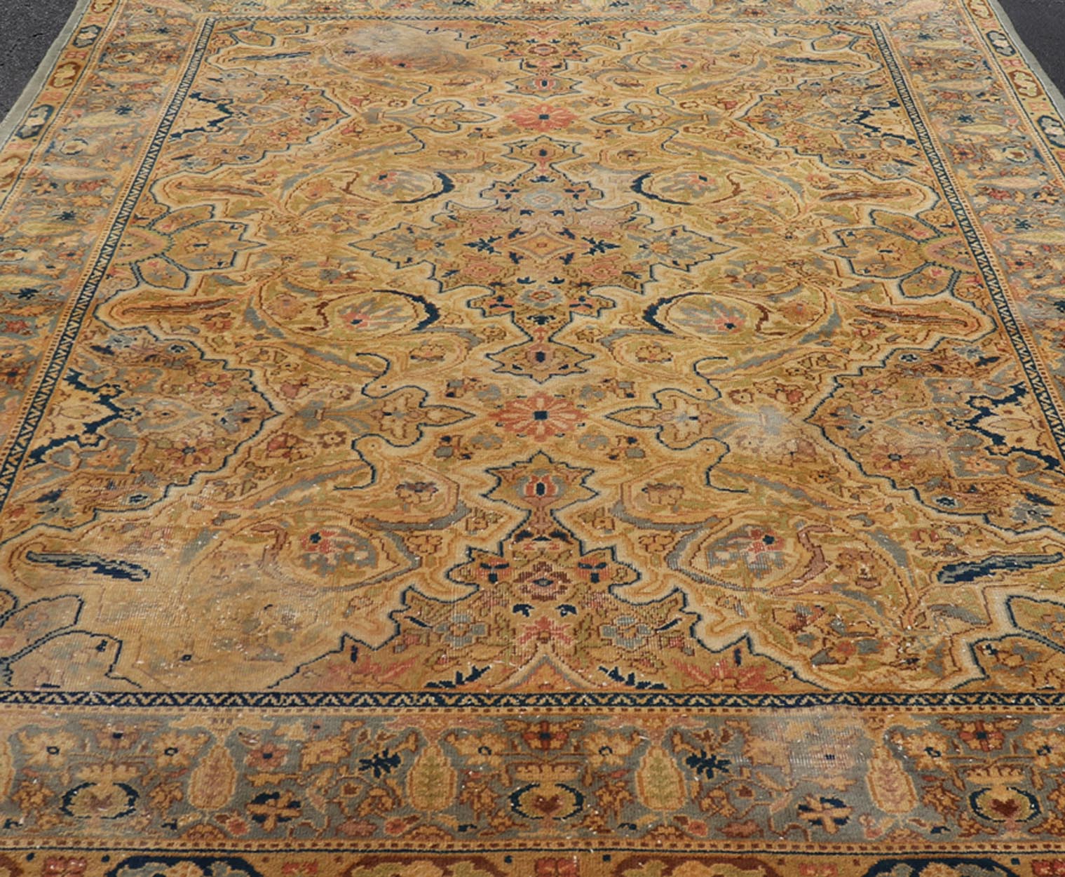 Medallion Vintage Turkish Distressed Rug in Cream, Gray - Blue, Taupe, and Green. Keivan Woven Arts / rug X23 - 0406 - 914, country of origin / type: Turkey / Oushak, circa 1970. Measures: 10'0 x 14'0 This distressed rug Turkish vintage rug bears a li... - Keivan Woven ArtsX23 - 0406 - 914 - 24223Rug