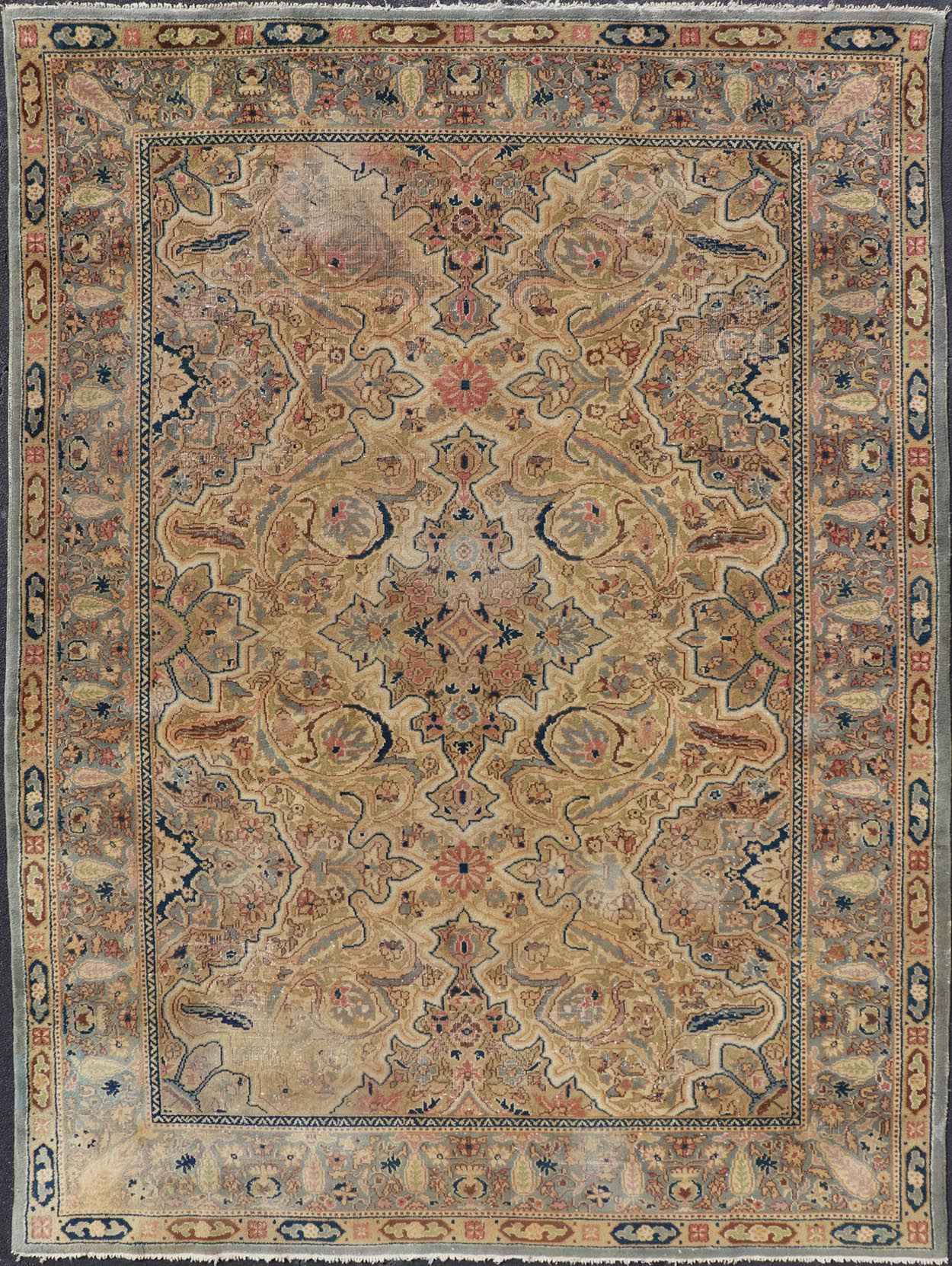 Medallion Vintage Turkish Distressed Rug in Cream, Gray - Blue, Taupe, and Green. Keivan Woven Arts / rug X23 - 0406 - 914, country of origin / type: Turkey / Oushak, circa 1970. Measures: 10'0 x 14'0 This distressed rug Turkish vintage rug bears a li... - Keivan Woven ArtsX23 - 0406 - 914 - 24223Rug