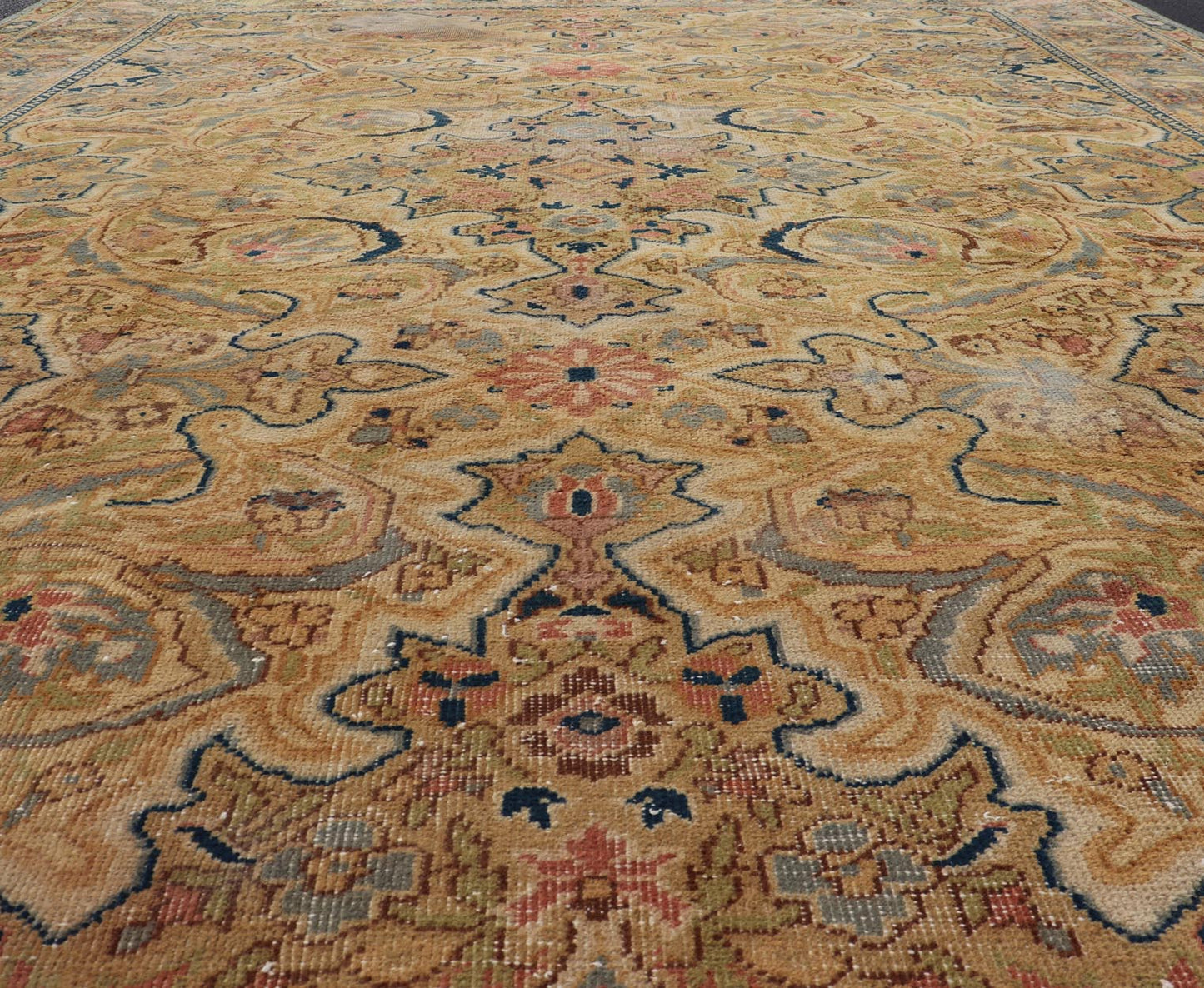 Medallion Vintage Turkish Distressed Rug in Cream, Gray - Blue, Taupe, and Green. Keivan Woven Arts / rug X23 - 0406 - 914, country of origin / type: Turkey / Oushak, circa 1970. Measures: 10'0 x 14'0 This distressed rug Turkish vintage rug bears a li... - Keivan Woven ArtsX23 - 0406 - 914 - 24223Rug