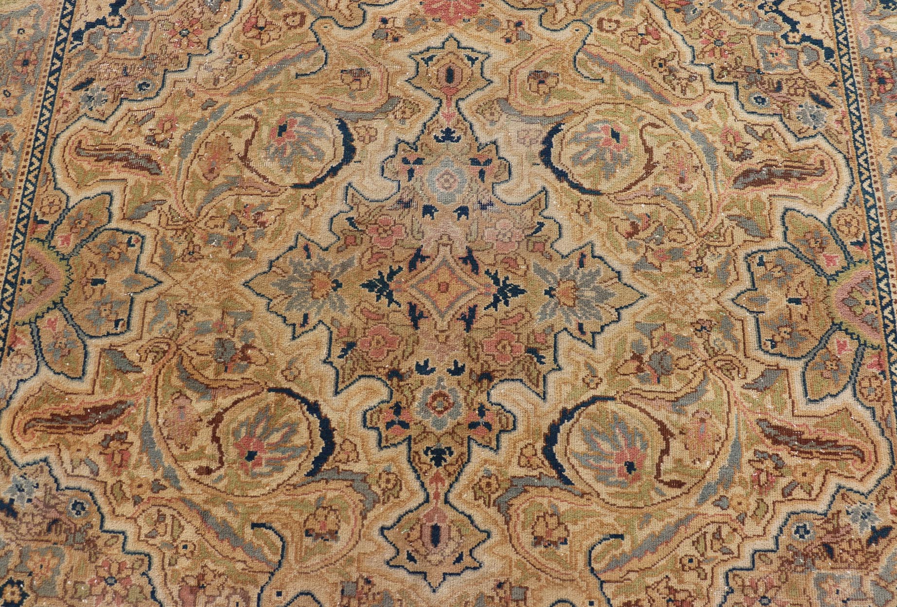 Medallion Vintage Turkish Distressed Rug in Cream, Gray - Blue, Taupe, and Green. Keivan Woven Arts / rug X23 - 0406 - 914, country of origin / type: Turkey / Oushak, circa 1970. Measures: 10'0 x 14'0 This distressed rug Turkish vintage rug bears a li... - Keivan Woven ArtsX23 - 0406 - 914 - 24223Rug