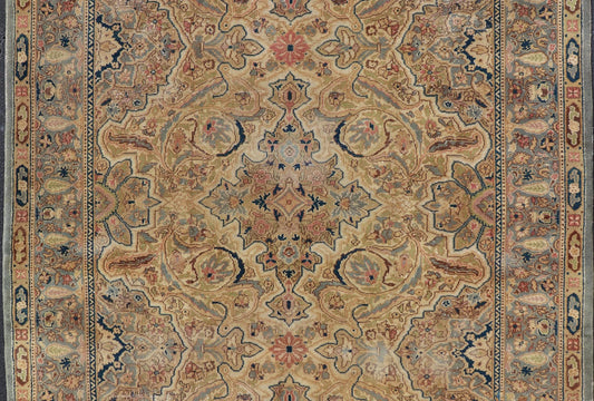 Medallion Vintage Turkish Distressed Rug in Cream, Gray - Blue, Taupe, and Green. Keivan Woven Arts / rug X23 - 0406 - 914, country of origin / type: Turkey / Oushak, circa 1970. Measures: 10'0 x 14'0 This distressed rug Turkish vintage rug bears a li... - Keivan Woven ArtsX23 - 0406 - 914 - 24223Rug