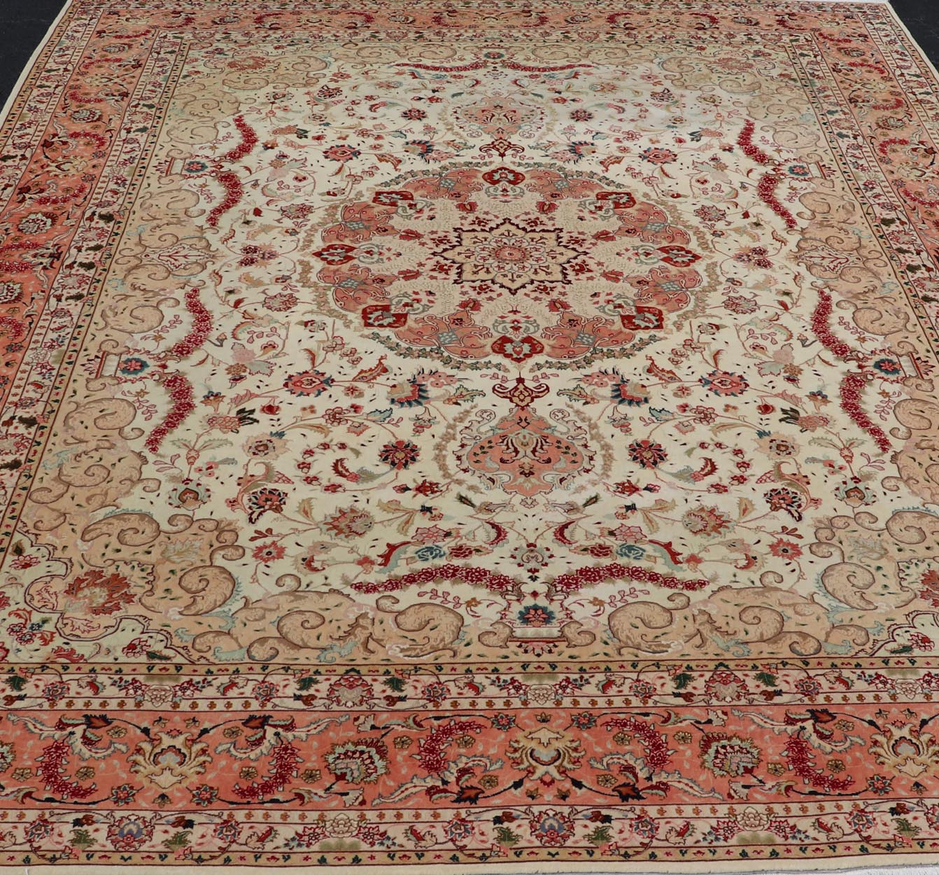 Vintage Persian Fine Tabriz Rug with Floral Medallion Design in Wool And Silk. Colorful Tabriz vintage rug from Persia with elegant medallion floral design, rug X23 - 0601 - A, country of origin / type: Iran / Tabriz, circa 1950 Measures: 9'10 x 13'0 ... - Keivan Woven ArtsX23 - 0601 - A - 24535Rug
