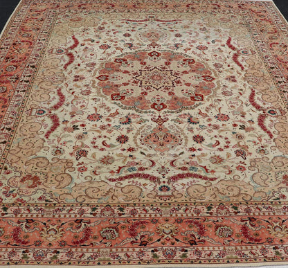 Vintage Persian Fine Tabriz Rug with Floral Medallion Design in Wool And Silk. Colorful Tabriz vintage rug from Persia with elegant medallion floral design, rug X23 - 0601 - A, country of origin / type: Iran / Tabriz, circa 1950 Measures: 9'10 x 13'0 ... - Keivan Woven ArtsX23 - 0601 - A - 24535Rug