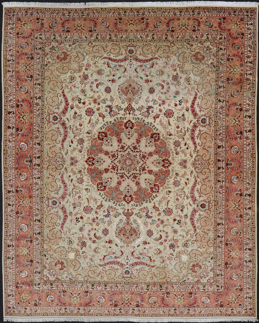 Vintage Persian Fine Tabriz Rug with Floral Medallion Design in Wool And Silk. Colorful Tabriz vintage rug from Persia with elegant medallion floral design, rug X23 - 0601 - A, country of origin / type: Iran / Tabriz, circa 1950 Measures: 9'10 x 13'0 ... - Keivan Woven ArtsX23 - 0601 - A - 24535Rug