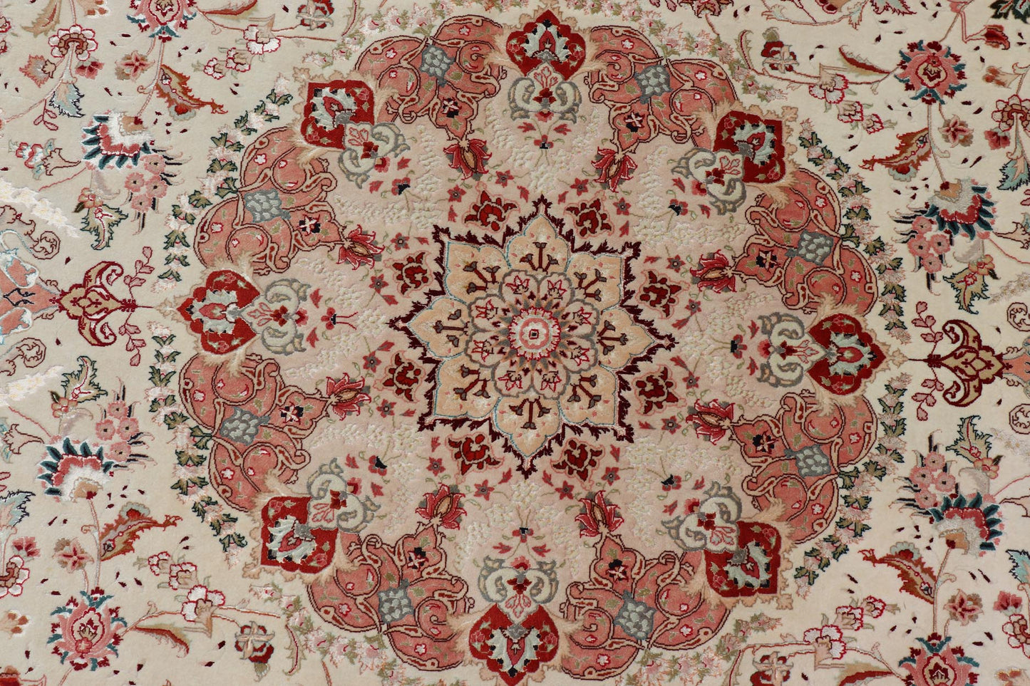 Vintage Persian Fine Tabriz Rug with Floral Medallion Design in Wool And Silk. Colorful Tabriz vintage rug from Persia with elegant medallion floral design, rug X23 - 0601 - A, country of origin / type: Iran / Tabriz, circa 1950 Measures: 9'10 x 13'0 ... - Keivan Woven ArtsX23 - 0601 - A - 24535Rug