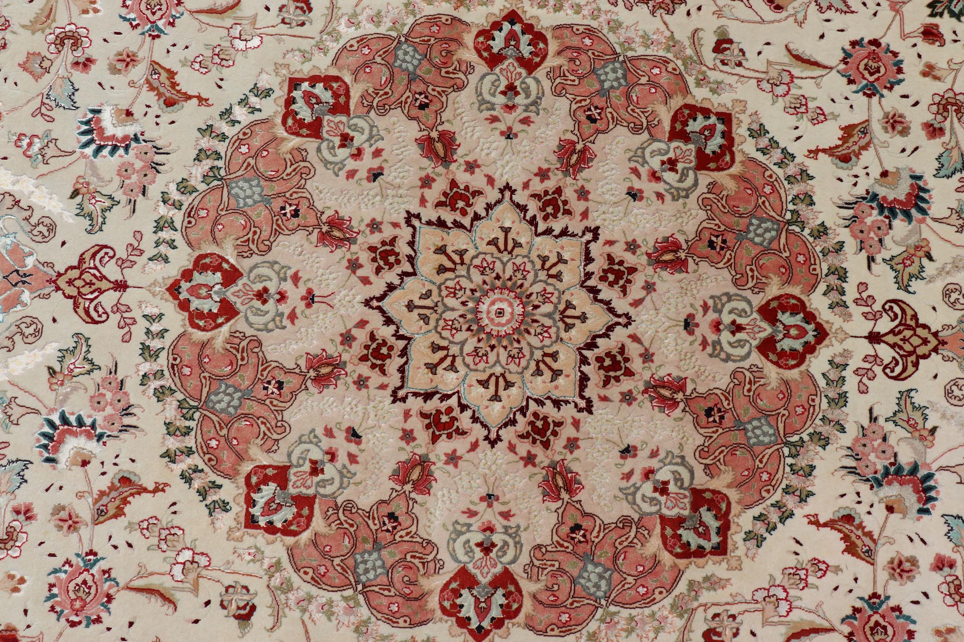 Vintage Persian Fine Tabriz Rug with Floral Medallion Design in Wool And Silk. Colorful Tabriz vintage rug from Persia with elegant medallion floral design, rug X23 - 0601 - A, country of origin / type: Iran / Tabriz, circa 1950 Measures: 9'10 x 13'0 ... - Keivan Woven ArtsX23 - 0601 - A - 24535Rug