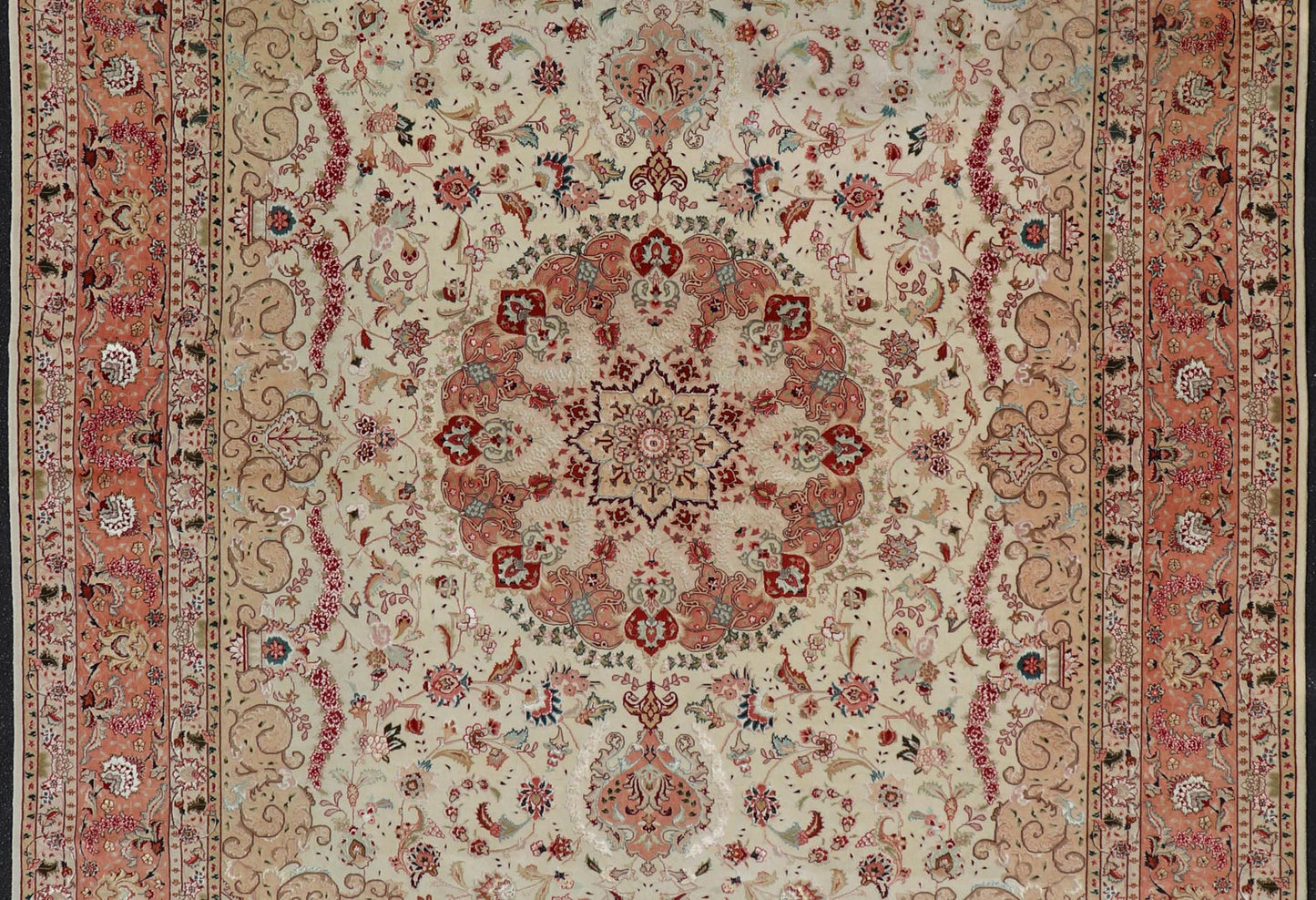 Vintage Persian Fine Tabriz Rug with Floral Medallion Design in Wool And Silk. Colorful Tabriz vintage rug from Persia with elegant medallion floral design, rug X23 - 0601 - A, country of origin / type: Iran / Tabriz, circa 1950 Measures: 9'10 x 13'0 ... - Keivan Woven ArtsX23 - 0601 - A - 24535Rug