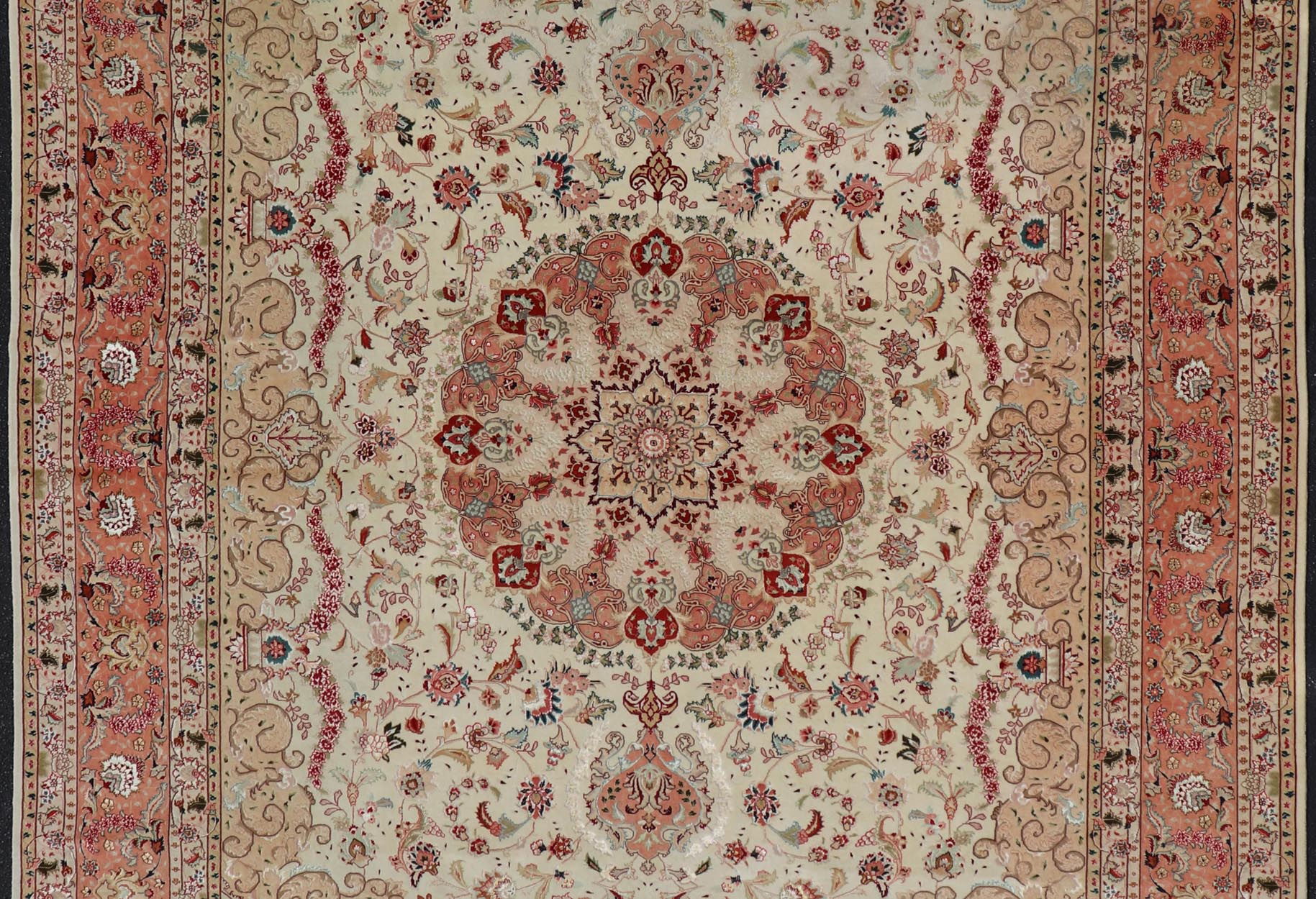 Vintage Persian Fine Tabriz Rug with Floral Medallion Design in Wool And Silk. Colorful Tabriz vintage rug from Persia with elegant medallion floral design, rug X23 - 0601 - A, country of origin / type: Iran / Tabriz, circa 1950 Measures: 9'10 x 13'0 ... - Keivan Woven ArtsX23 - 0601 - A - 24535Rug